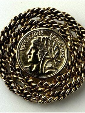 Republique Francaise 2" Pin Brooch Gold Tone Faux Coin-Vintage Pretty